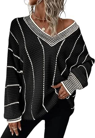 Dokotoo Womens Oversized Striped Tunic Long Sleeve Sweaters Casual V Neck Color Block Knit Pullover Jumper Tops