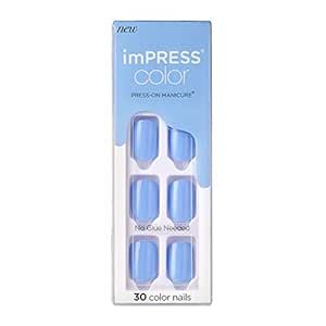 KISS imPRESS No Glue Mani Press On Nails, Color, 'Baby why so Blue', Blue, Short Size, Squoval Shape, Includes 30 Nails, Prep Pad, Instructions Sheet, 1 Manicure Stick, 1 Mini File