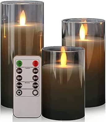 Led Flameless Candles Premium Black Glass with Remote Control Battery Operated Flickering Warm Light LED Pillar Candles Real Wax Wick 3 Pack D 3" H 4" 5" 6" Home Decoration