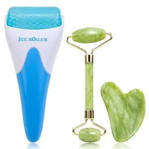 huefull Facial Roller Set of 3, Ice Roller, Jade Roller and Gua Sha Massage Tool, Rolling Tool for Facial Beauty and Body Massage