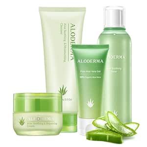 Aloderma Essential Aloe Soothing & Repairing Skin Care Set - 5 Pieces - Gel x2pcs, Cleanser, Toner, Cream