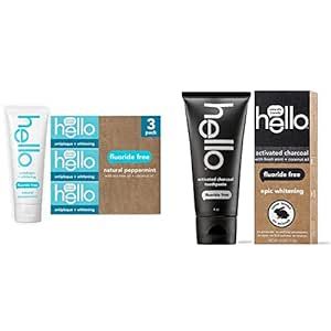 Hello Antiplaque Whitening Toothpaste, Fluoride Free Toothpaste for Teeth Whitening 4.7 OZ Tubes & Oral Care Activated Charcoal Teeth Whitening Fluoride Free and SLS Free Toothpaste, 4 Ounce