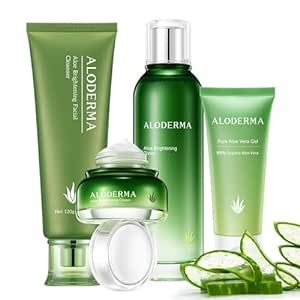 Aloderma Essential Aloe Brightening Skin Care Set - 5 Pieces - Gel, Cleanser, Toner, Cream x2pcs