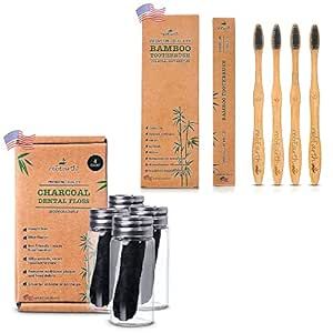 rebEarth Bamboo Wood Toothbrush and Dental Floss | Black Charcoal Infused | Dental Flossers w/Mint Flavor | 30m Floss in Glass Container | Smooth & Shred Resistant | Upgrade Hygiene & Reduce Waste