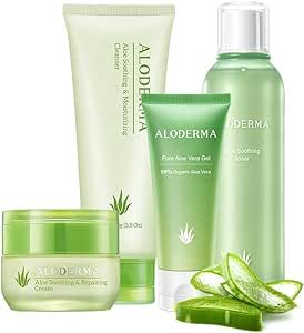 Aloderma Essential Aloe Soothing & Repairing Skin Care Set - 5 Pieces - Gel, Cleanser, Toner x2pcs, Cream