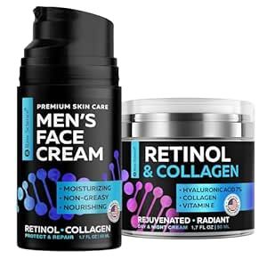 Men's Skincare Essentials - Day & Night Men Cream & Anti Aging Face Moisturizer - Collagen Vitamins E & A and Avocado Oil Facial Moisturizer 1.7oz and Retinol Cream with Collagen Vitamin E, Hyaluronic