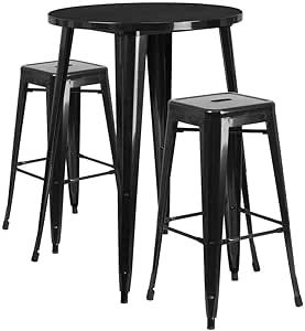 VBSQ 30" Round Black Bar Table Set with 2 stools Sorks Bar Accessories Patio Table Coffee bar Accessories Outdoor Table Bar Table Coffee bar Outdoor bar Table Counter Height Table Gift Ideas
