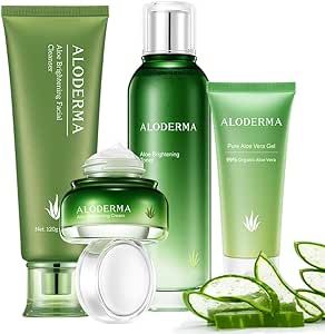 Aloderma Essential Aloe Brightening Skin Care Set - 5 Pieces - Gel, Cleanser, Toner x2pcs, Cream
