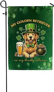 My Golden Retriever is My Lucky Charm St. Patrick's Day Shamrocks Leprechaun Beer Garden Flag Canvas 12x18 Inches Goldens Dog Lover Gifts Idea Merch Outdoor Decoration - 026
