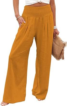 GLIENST Women's Casual Wide Leg Palazzo Pants High Waisted Smocked Lounge Trousers with Pockets S-XXL