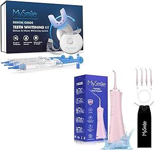 MySmile Water Dental Flosser 5 Cleaning Modes 4 Replaceable Jet Tips IPX 7 Waterproof USB Rechargeable Pink Water Dental Picks for Teeth Cleaning and Teeth Whitening Kit Combo