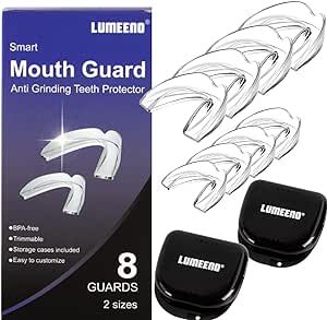 Anti Grinding Moldable Dental Night Guards - Junior and Large Sizes (8-Pack) with 2 Travel Cases Trimmable Design Custom Fit Anti-Grinding Teeth Protectors Mouth Trays for Grinding and Clenching
