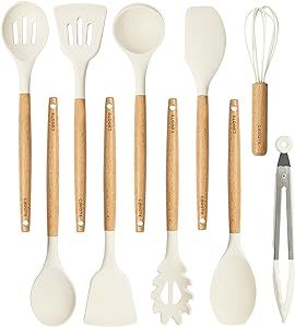 CAROTE Silicon Cooking Utensils Set for Kitchen,446°F Heat Resistant 10 pcs Non-Stick Cooking Set with Wooden Handle Spatula Turner Spoon Tongs Whisk