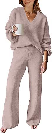 ANRABESS Women's Two Piece Outfits Sweater Sets Long Sleeve V Neck Knit Pullover and Wide Leg Pants Lounge Sets