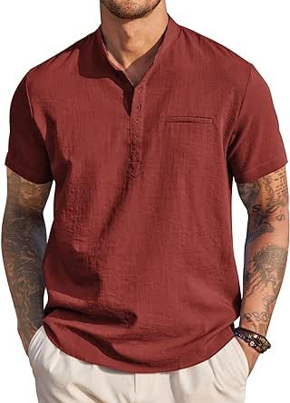 COOFANDY Men's Henley Shirts Band Collar Short Sleeve Shirt Casual Summer Beach Shirt Hippie T Shirt Fashion Hawaiian Shirt