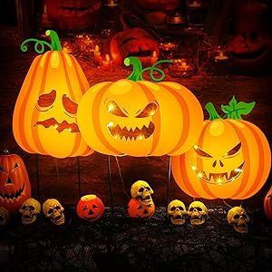 Retisee 3 Pcs 18.9 Inch Lighted Pumpkin Halloween Yard Signs Pumpkins Lawn Garden Stake Decorations Light up Pumpkin Yard Stakes for Decorations Metal Lawn Stake Signs for Outdoor Trick or Treat Party
