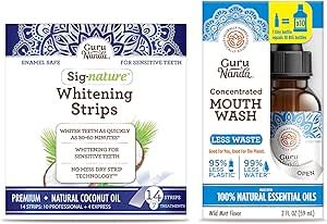 GuruNanda Teeth Whitening Strips with Coconut Oil - 14 Enamel Safe Strips for Sensitive Teeth & Concentrated Mouthwash with 100% Natural Essential Oils - Helps Bad Breath, Promotes Teeth Whitening