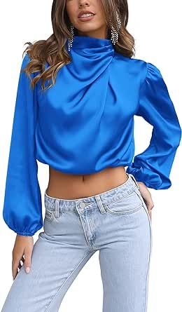 PRETTYGARDEN Women's 2023 Fall Fashion Crop Tops Long Sleeve Ruched Mock Neck Satin Shirt Blouses