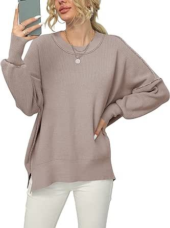 ANRABESS Women Crewneck Batwing Sleeve 2023 Fall Oversized Side Slit Ribbed Knit Pullover Sweater Top