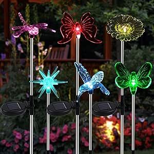 Glintoper 6 Pack Solar Garden Stake Lights Outdoor, Solar Butterfly Figurine Lights, Multi-Color Changing LED Landscape Lighting, Sparkling Star Flower Hummingbird Dragonfly Bee for Patio Yard Pathway